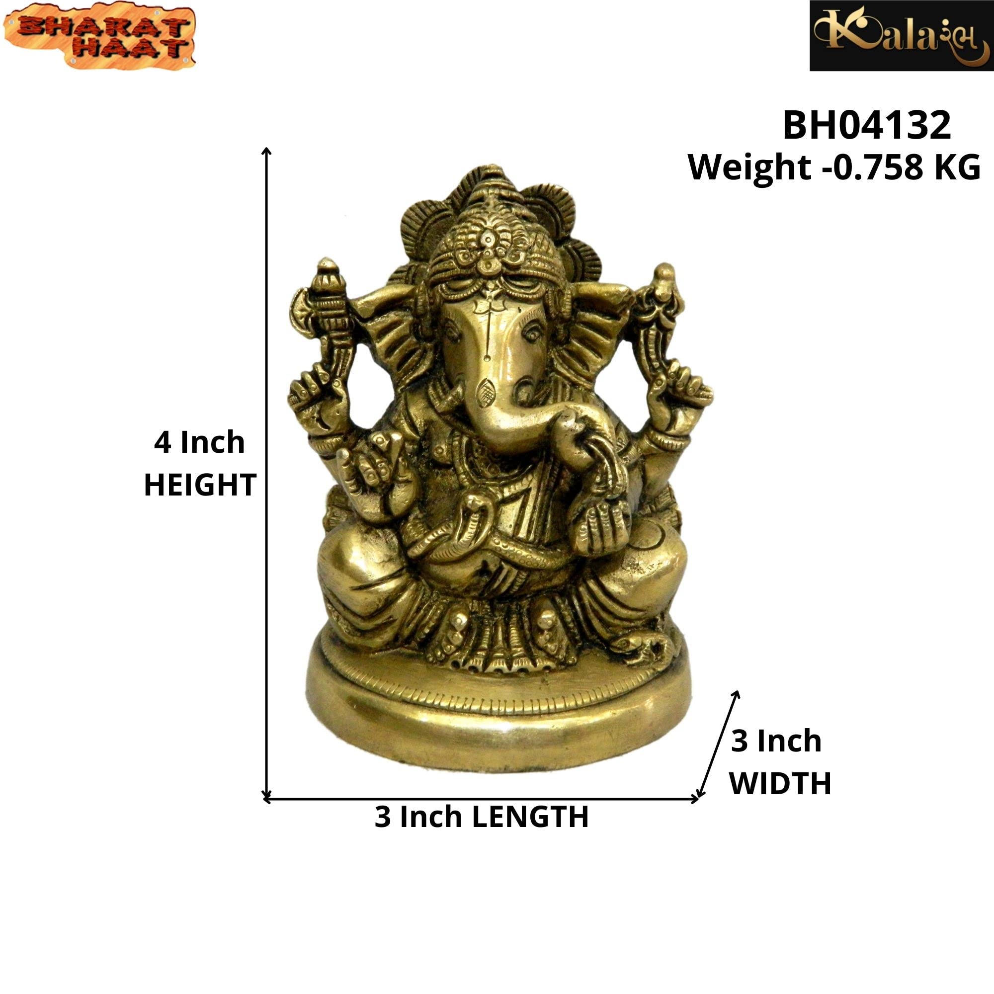 Kalarambh Brass Ganesha/Ganesh/Ganpati Idol Murti Statue For Home Pooja Puja Mandir Decor Collectible Handicraft Art, Yellow, 3